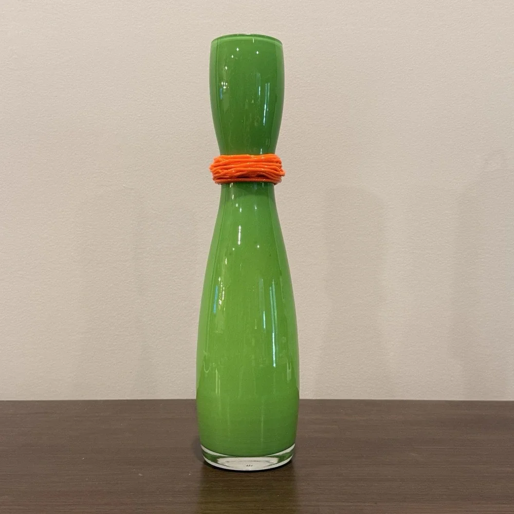 Rony Plesl Signed Czech Bohemian Art Glass Vase Green Orange Hand Blown 13